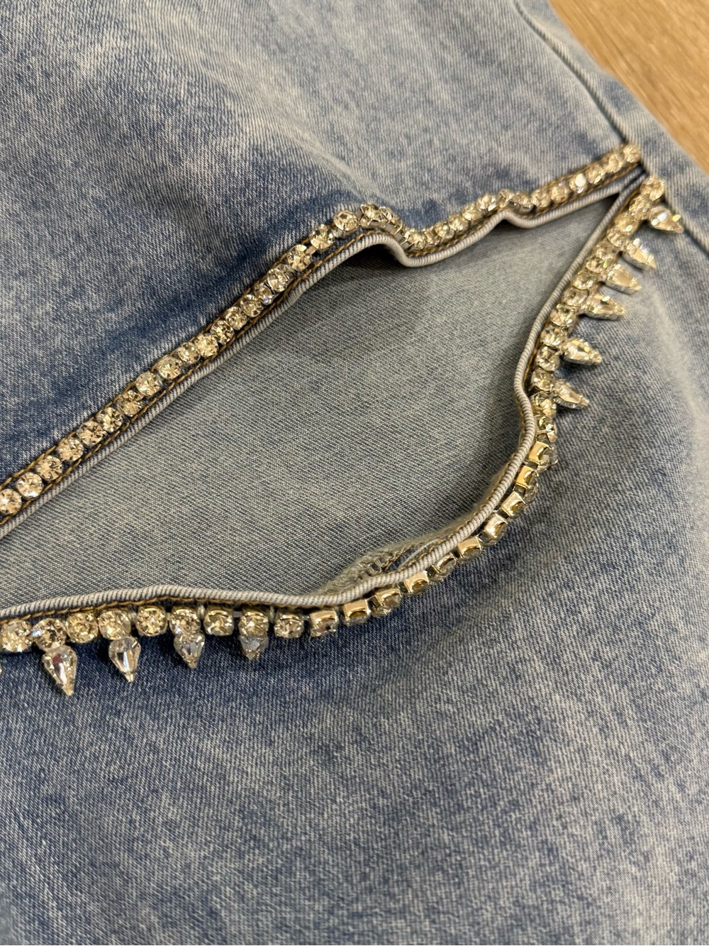 Light Wash Blue Boot Cut Jeans with Beaded Trim - Picture 3 of 5
